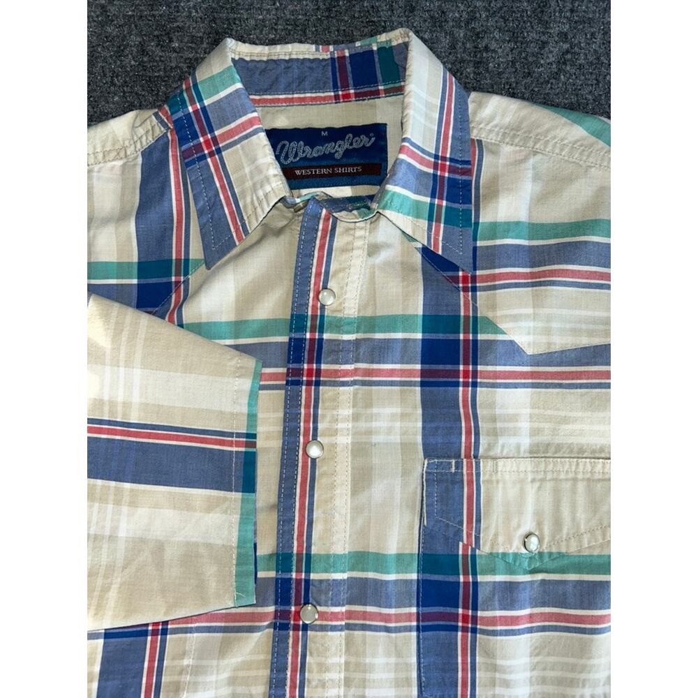 Wrangler Western Shirt Beige Blue Plaid Outdoor Pearl Snap Vintage Men’s Medium